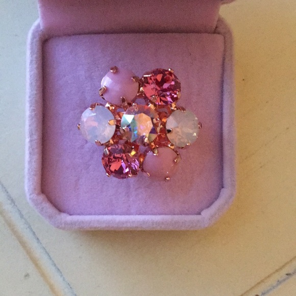 Pink Opal + Rose Pink Rose Gold Crystal Flower Statement Cocktail Ring - Picture 4 of 6